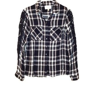 Skies Are Blue Navy Flannel with Crochet Knit Arm Detail